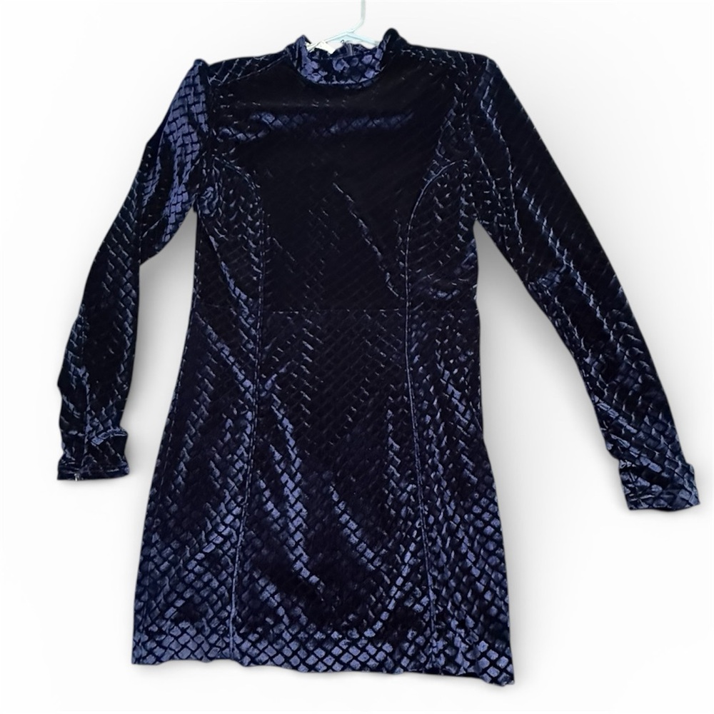 House of London Navy Velvet Mini Dress L Mock Neck Long Sleeve Shoulder Pads (